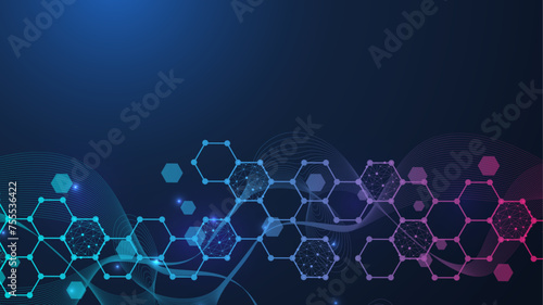 Modern science background with lines, dots and hexagons. Wave flow abstract background. Molecular structure for medical, technology, chemistry, science. Vector illustration