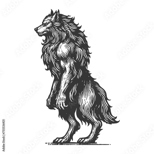 majestic werewolf sketch engraving generative ai raster illustration. Scratch board imitation. Black and white image.