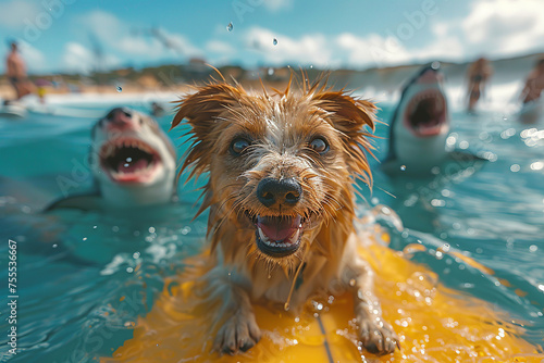 cute brown dog sitting on surfboard surrounded by sharks in crystal clear water © zgurski1980