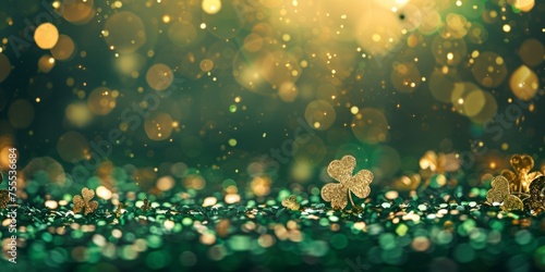 Golden sparkling shamrocks on a backdrop of green bokeh lights, conveying festive St. Patrick's Day ambiance.