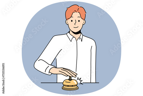 Smiling man ringing bell at hotel reception calling personnel. Happy male client or customer press ringer at administration counter. Vector illustration.