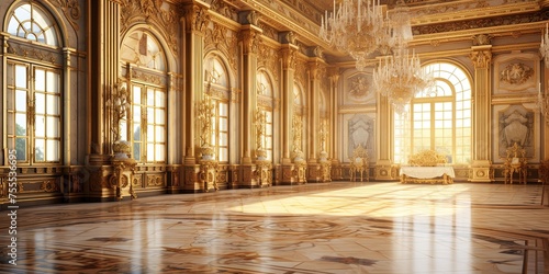 A classic extravagant European style palace room with gold decorations. wide format photo