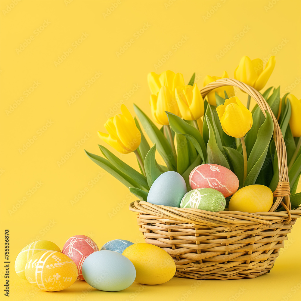 A picture of several colored Easter eggs in a basket with yellow tulips and a yellow background with copy space.
