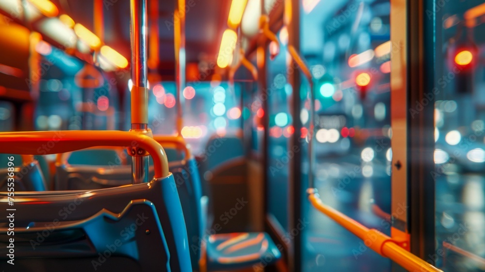 Evening Journey: Empty City Bus Interior at Night. Generative ai