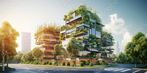 Eco-friendly building in the modern city. Sustainable glass office building with tree for reducing carbon dioxide. Office building with green environment.