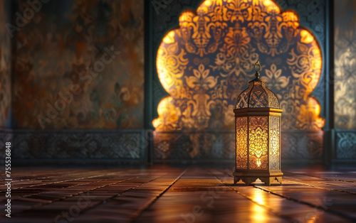 Ramadan lantern with mural background and reflective floor