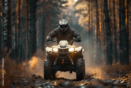 a person riding a four wheeler in the woods