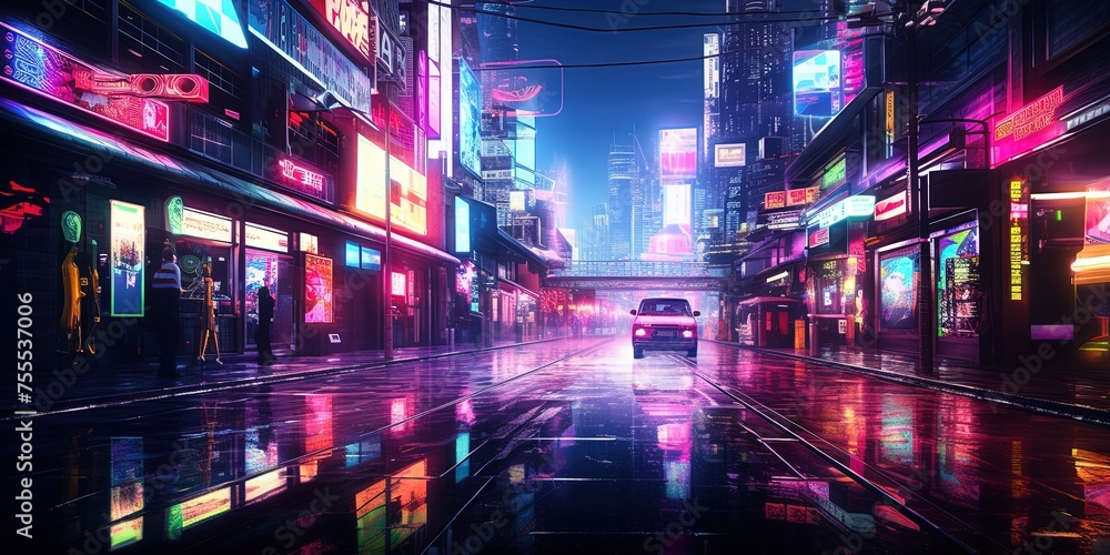 Cyberpunk aesthetic of a city street flooded with neon lights and reflections