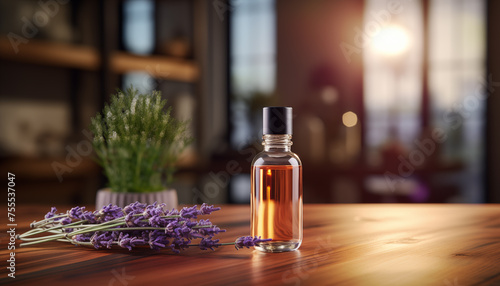 natural aroma oils with lavender. a bottle of lavender essential oil stands on a wooden table. 