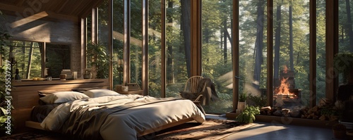 On a winter day, the bedroom bathed in warm sunlight streaming through the large windows offers a peaceful respite from the outside world, with the lush trees just beyond the walls and the cozy