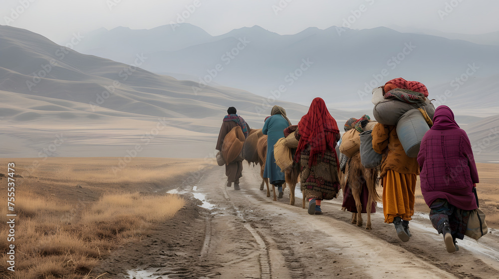 Nomads traversing vast landscapes with their belongings background