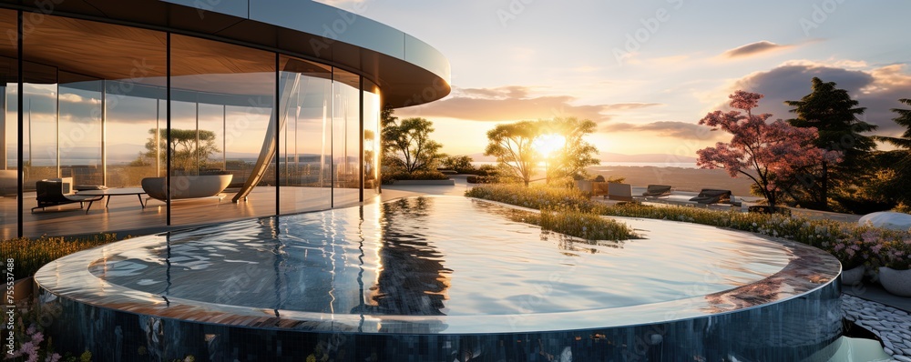 A stunning architecture of curved glass walls reflecting the sky and clouds, merging the outdoor beauty with the large water feature for an experience that will take your breath