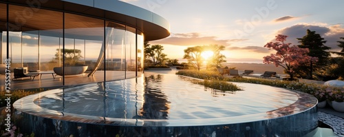 A stunning architecture of curved glass walls reflecting the sky and clouds, merging the outdoor beauty with the large water feature for an experience that will take your breath photo
