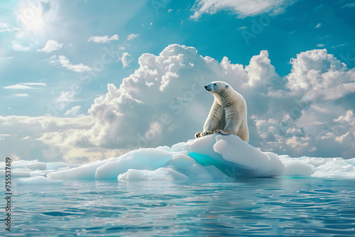 polar bear sitting on small ice floe in the Arctic Ocean  blue sky and white clouds overhead  climate change
