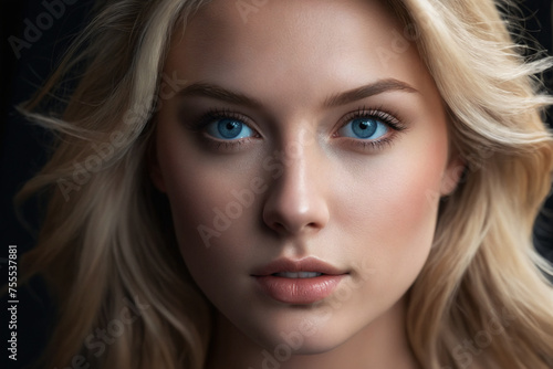 Close-up portrait of blonde model with blue eyes