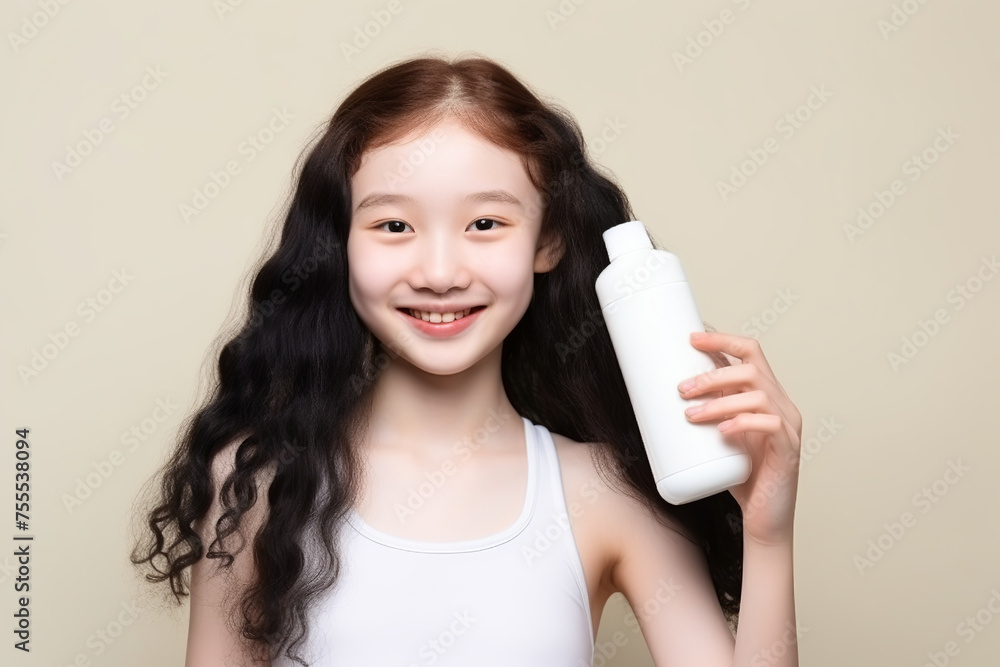young Asian girl with black hair and white skin is smiling and holding elegant skincare, whitening bottle in her hand, mockup, on beige young Asian girl with black hair and white skin is smiling and holding elegant skincare, whitening bottle in her hand, mockup, on beige