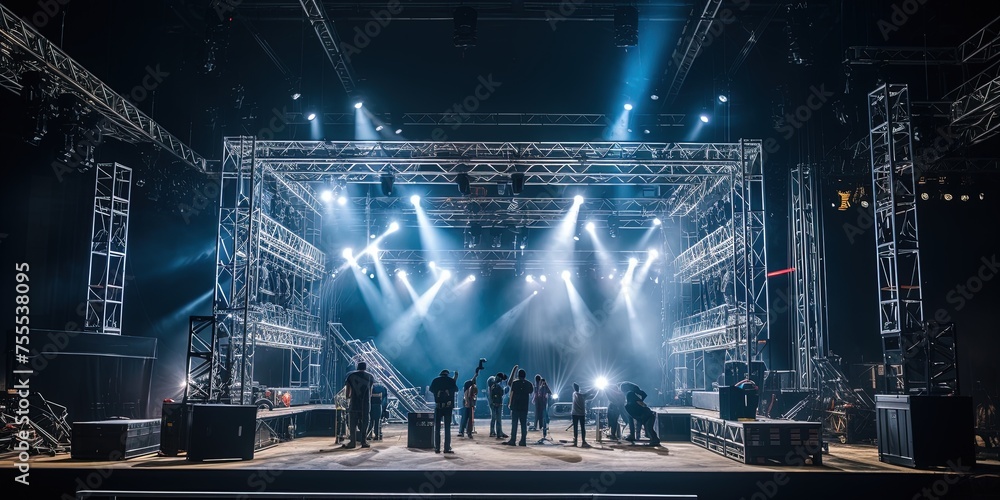 A Live stage production being built in a center stage type venue. Stage rigging equipment, lighting trusses, stairs and PA systems being carried in. - obrazy, fototapety, plakaty 