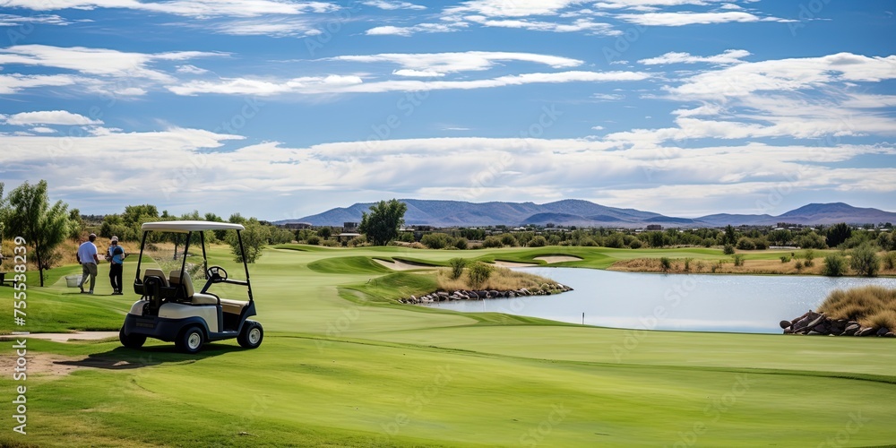 A golf course scene. Beautiful southern dryland course layout. Golf cart in front, golfers Playing in the distance. A golf course scene. Beautiful southern dryland course layout. Golf cart in front, golfers Playing in the distance.