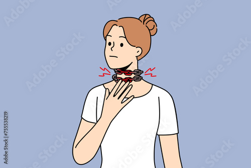 Suffocation in girl with chain around neck, in need of treatment for illness caused by malfunction of heart or lungs. Woman suffers from suffocation squeezing throat and blocking access of oxygen