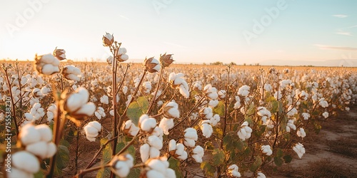 Cotton farm during harvest season. Field of cotton plants with white bolls. Sustainable and eco-friendly practice on a cotton farm. Organic farming. Raw material for textil photo