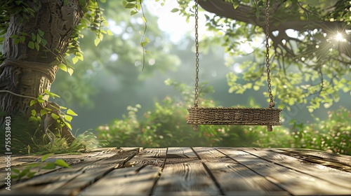 Visualize an enchanting 3D render: an old wooden terrace adorned with a wicker swing suspended from a tree, set against a blurry nature background