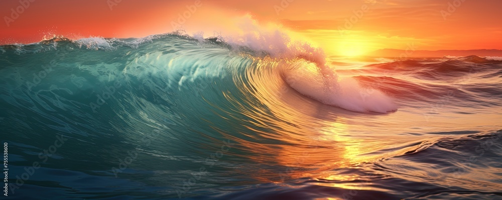 Fototapeta premium Closeup of ocean breaking waves. Sunset dawn crashing sea break wallpaper background