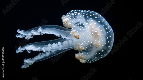 Close-ups of translucent jellyfish against a black background background photo