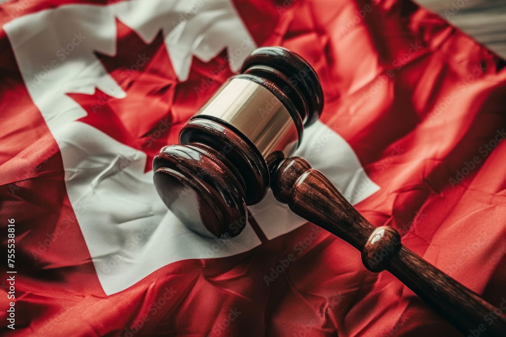 A judges gavel hammer with a Canadian flag. law and order