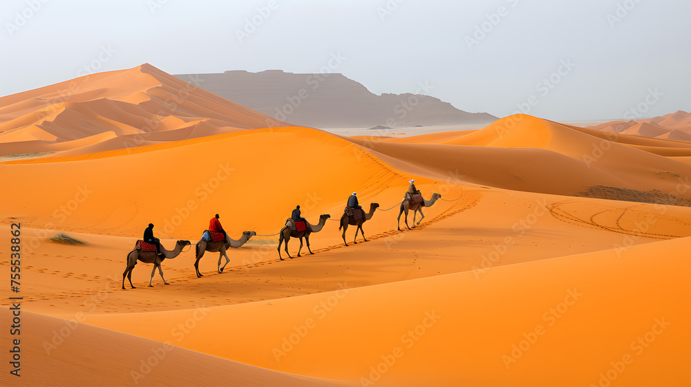Fototapeta premium Camel caravans against the vastness of sandy dunes background