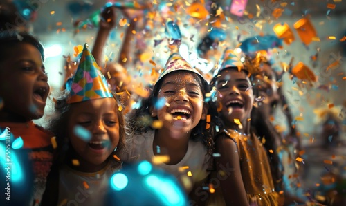 Happy latino, hispanic or indian diverse children girls having kid's Happy Birthday party with confetti, balloons and birthday hats indoors laughing photo