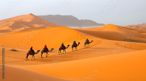 Camel caravans against the vastness of sandy dunes background