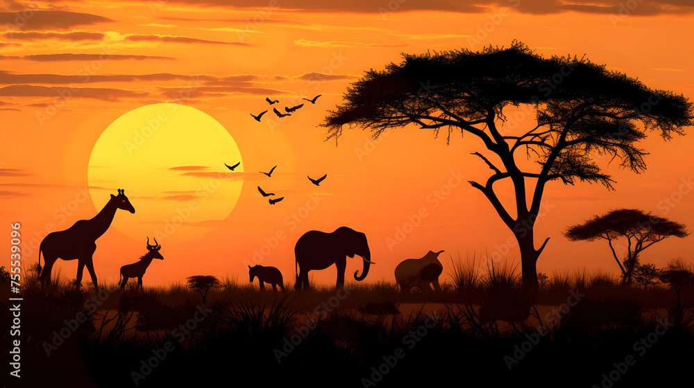 Animals on the African savannah against a golden sunset background