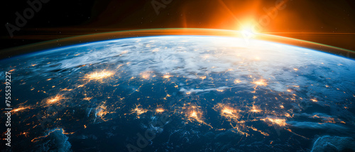 Earth from space with sunlight shining through the landscape. Highlighting the beauty of our world sunrise