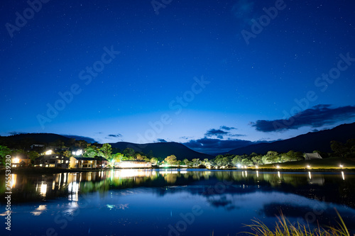 Lights around a lake with mountains behind