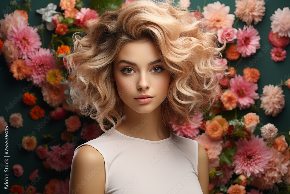 portrait of beautiful caucasian woman with hair made of wild flowers, artistic composition, brown hair, on gray