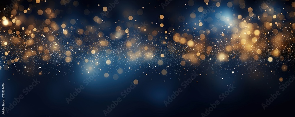 abstract background with Dark blue and gold particle. Christmas Golden light shine particles bokeh on navy blue background. Gold foil texture.