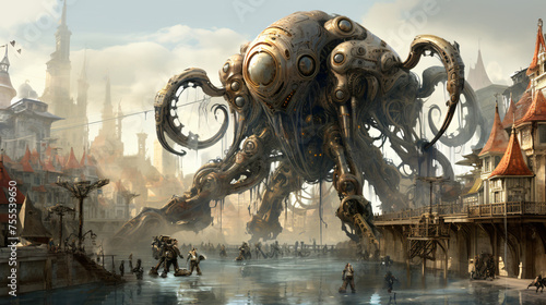 A mechanical octopus in a steampunk city interior interior interiorv