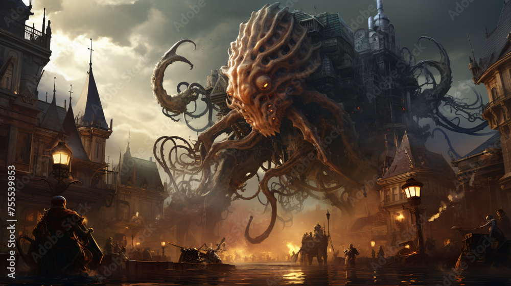 A mechanical octopus in a steampunk underwater city  - obrazy, fototapety, plakaty 