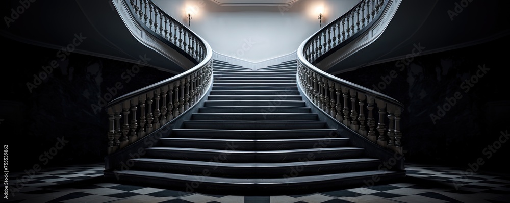 Fototapeta premium A monochrome staircase with an artistic light illuminating its perfect symmetry, creating a wild and emotive atmosphere