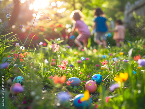 Colorful Easter eggs scattered on grass with children playing in the blurry background. Joyful Easter celebration.