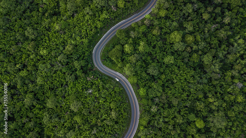 Aerial view road through the green forest, Car drive going through forest, Aerial top view forest, Texture of forest view from above, Ecosystem and healthy environment concept and background.