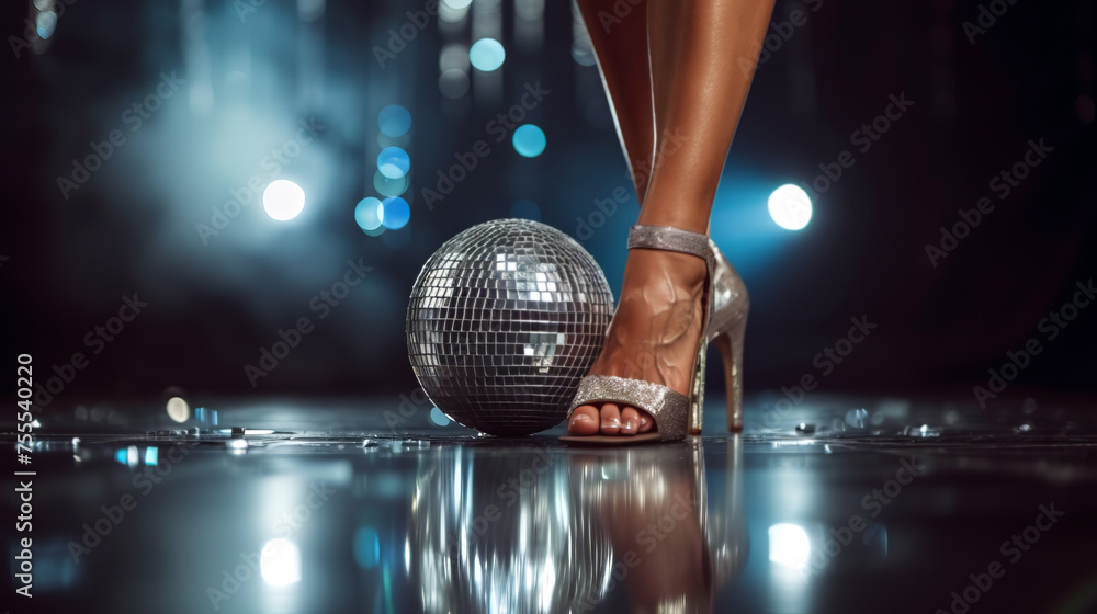 A close-up of dazzling stiletto heels beside a reflective disco ball on the dance floor - obrazy, fototapety, plakaty 