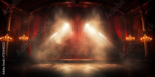 Theater stage light background with spotlight illuminated the stage for opera performance. Empty stage with warm ambiance colors  fog  smoke