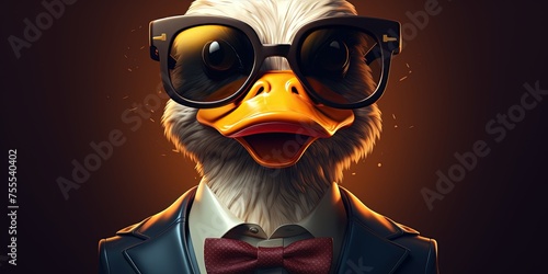 A sophisticated stylized duck in a suit and sunglasses stands confidently, exuding an air of elegance and cool