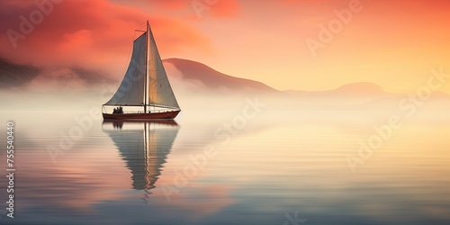 A traditional sailboat gently rests on the glass-like surface of a calm lake during a muted sunset
