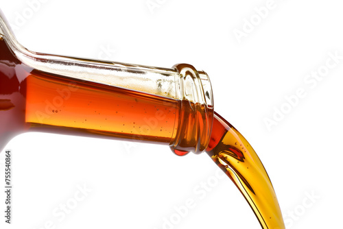 Close-Up of Amber Liquid Pouring from Glass Bottle - Isolated on White Transparent Background 