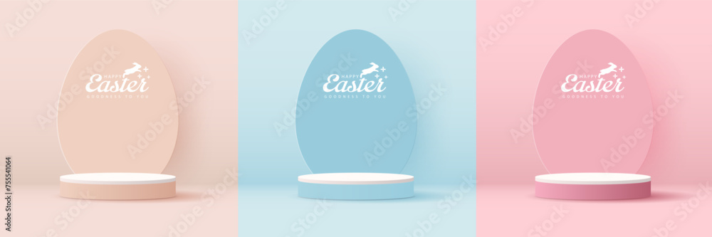 Happy Easter blue and pink background and paper art podium display for product presentation branding and packaging presentation. studio stage with eggs and rabbit background. vector design. - obrazy, fototapety, plakaty 
