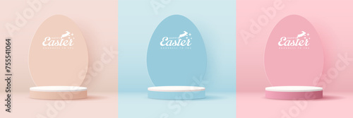 Happy Easter blue and pink background and paper art podium display for product presentation branding and packaging presentation. studio stage with eggs and rabbit background. vector design.