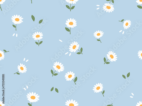 Seamless pattern with daisy flower with green leaf on blue background vector. Cute floral print.