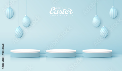 Happy Easter blue background and paper art podium display for product presentation branding and packaging presentation. studio stage with eggs and rabbit background. vector design.